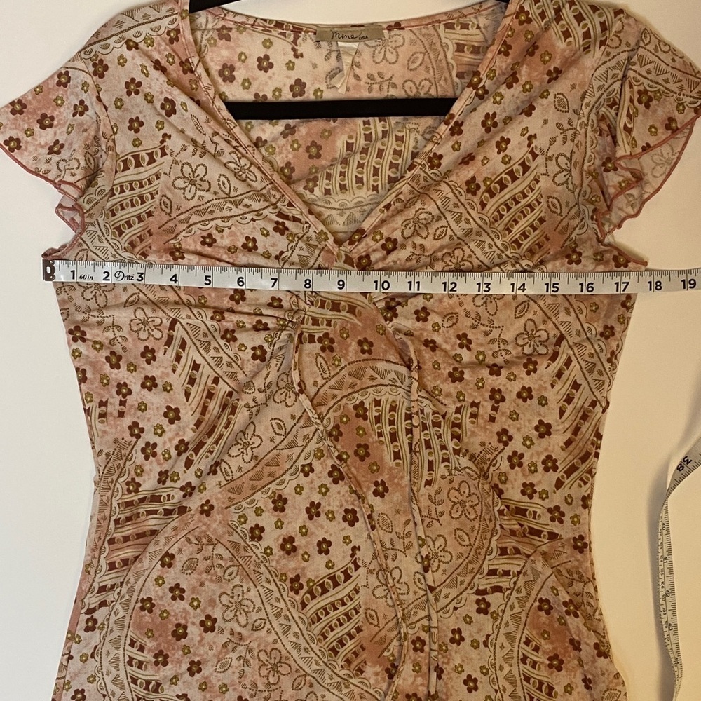 Mine Patterned y2k V-Neck Blouse - Pink and Brown - Picture 6 of 7